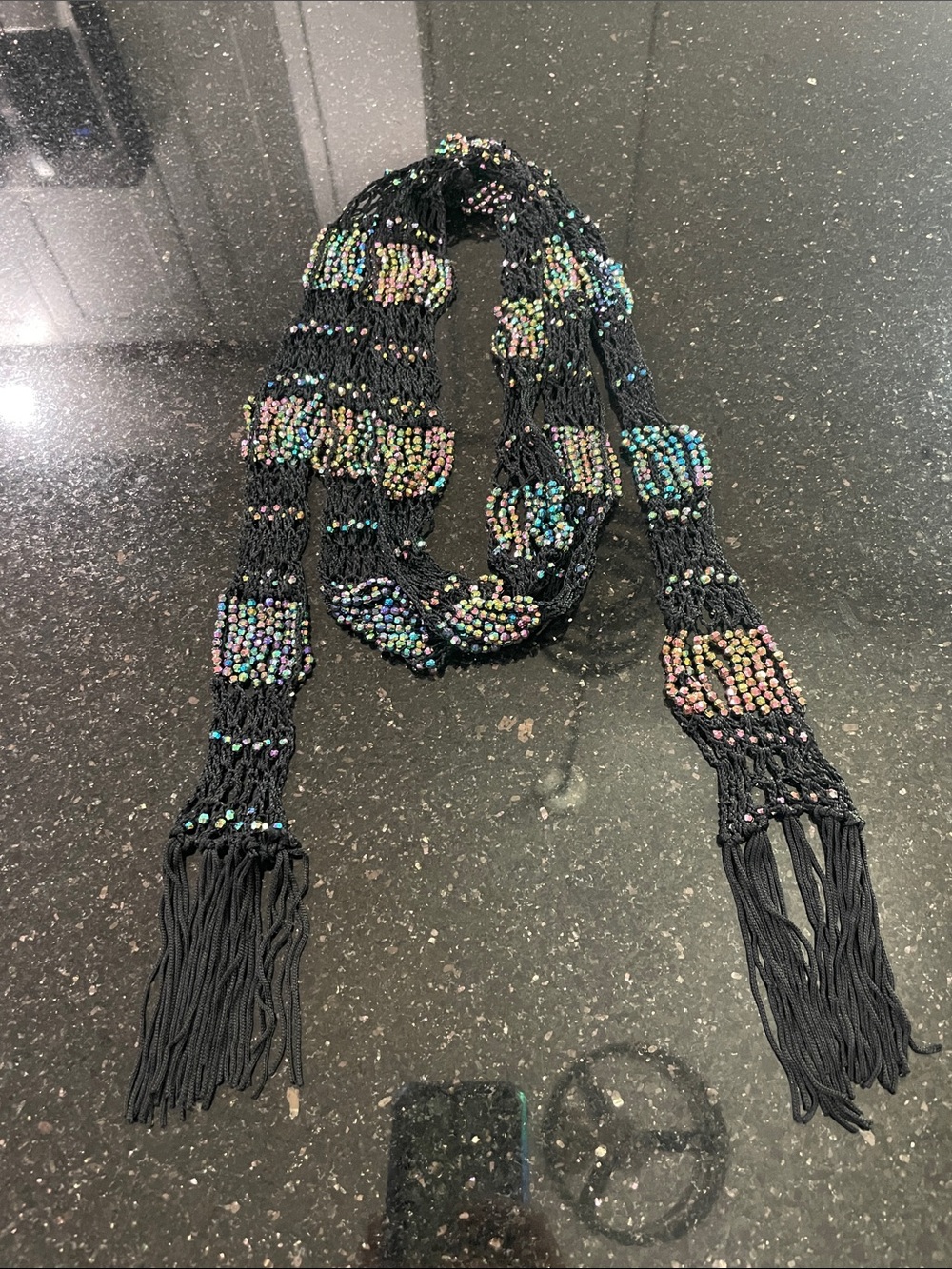 Black Skinny Sparkly Beaded Scarf Necklace With Fringe